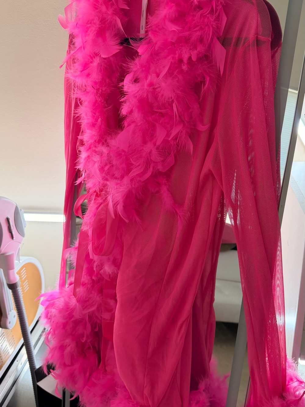 Hot Pink Feather Trim Sheer Robe with Satin Tie - Picture 3 of 12